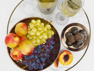 Fresh Peaches Green Purple Grapes Chocolates On Marble Table With Metal Bowl And Wine Glasses 3d model