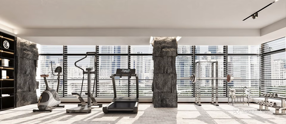 Modern Gym Interior With Treadmill Elliptical Trainer Stone Pillar Large Windows And City View 3d model 