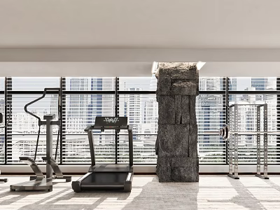 Modern Gym Interior With Treadmill Elliptical Trainer Stone Pillar Large Windows And City View 3d model