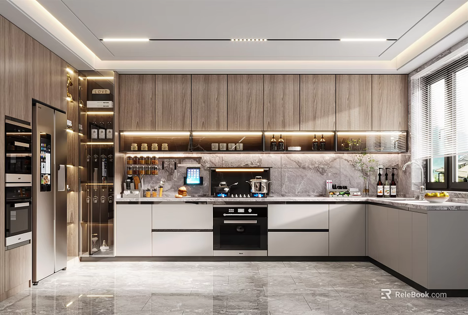 Modern Kitchen Interior Design With Wooden Cabinets Marble Countertop And Built in Appliances 3d model 