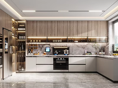 Modern Kitchen Interior Design With Wooden Cabinets Marble Countertop And Built in Appliances 3d model