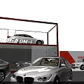 Multiple White Car Models Display With Red Roof Cabinet And Brochure Around