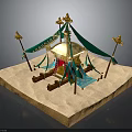 Elegant Traditional Tent Structure With Green Canopies Golden Ornaments Pillars And Blue Carpet