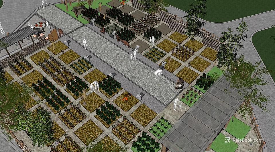 Garden Landscape Design With Neatly Arranged Planted Beds Green Plants And Stone Pathways 3d model 