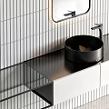 Modern Black Washbasin With Rectangular Mirror Vertical Tile Wall And Floating Vanity Cabinet 3d model