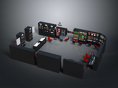 Industrial Control Console Layout Featuring Multiple Panels Buttons Displays And Red Chairs 3d model