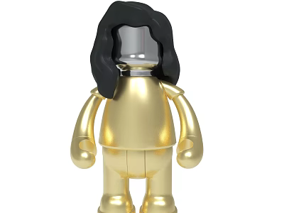 Golden Toy Figure With Black Long Hair And Silver Head Design Details 3d model