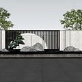 Serene Landscape Feature Wall with Natural Stone Boulders Pine Tree and Water Elements 3d model