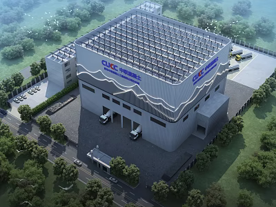 CCC Industrial Plant Exterior Design With Grid Roof Parking Area And Surrounding Trees 3d model