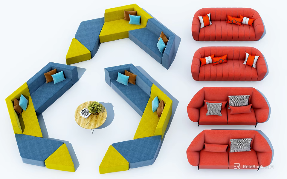 Modern Modular Sofa Set Interior With Blue Yellow Red Sections And Decorative Pillows 3d model