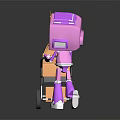 Purple Robot With Green Screen Head Pushing Orange Baby Stroller And Red Bottle