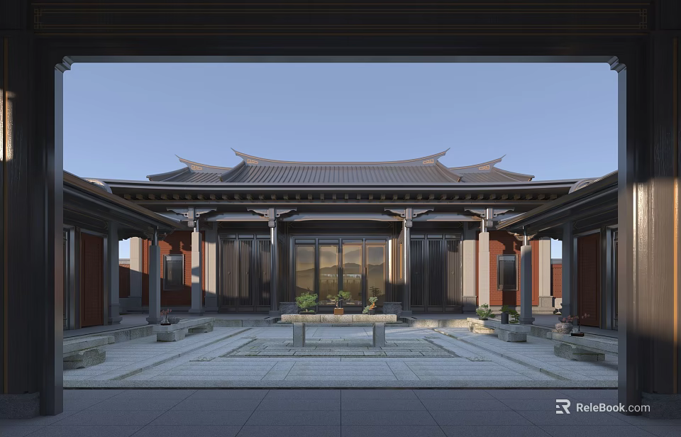 Traditional Ancient Architecture Courtyard With Classic Roof Wooden Doors And Stone Pavement 3d model 