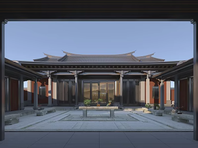 Traditional Ancient Architecture Courtyard With Classic Roof Wooden Doors And Stone Pavement 3d model