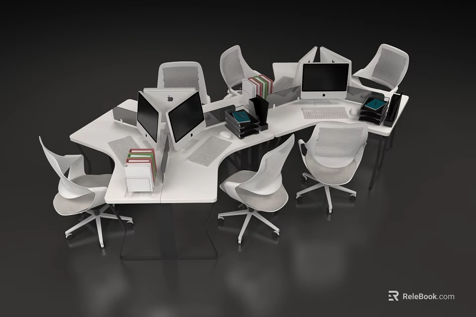 Modern White Office Desk Setup With Computer Monitors Keyboards And Office Chairs 3d model