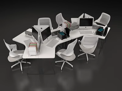 Modern White Office Desk Setup With Computer Monitors Keyboards And Office Chairs 3d model