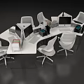 Modern White Office Desk Setup With Computer Monitors Keyboards And Office Chairs 3d model