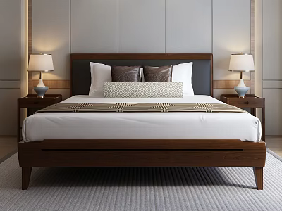 Modern Background Double Bed With Wooden Headboard Decorative Pillows White Sheets Nightstands And Table Lamps 3d model
