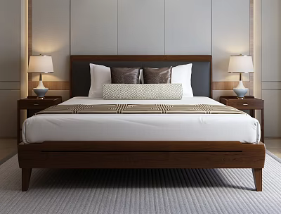 Modern Background Double Bed With Wooden Headboard Decorative Pillows White Sheets Nightstands And Table Lamps 3d model
