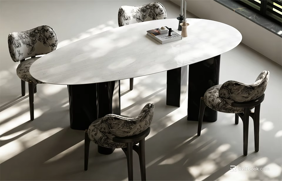 Elegant Oval Dining Table Set with White Tabletop and Black Legs and Patterned Fabric Chairs 3d model 