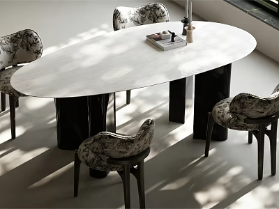 Elegant Oval Dining Table Set with White Tabletop and Black Legs and Patterned Fabric Chairs 3d model