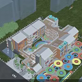 Modern Colorful School Building With Multiple Floors Green Trees And Students 3d model