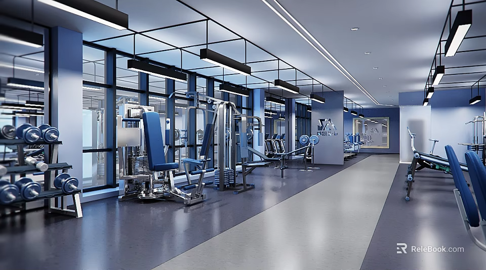 Modern Gym Interior With Multiple Fitness Equipment And Bright Space 3d model 