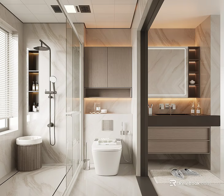 Elegant Modern Bathroom Interior With Shower Area Vanity Mirror Marble Countertop And Cabinets 3d model 