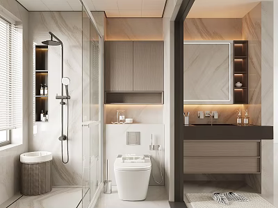 Elegant Modern Bathroom Interior With Shower Area Vanity Mirror Marble Countertop And Cabinets 3d model