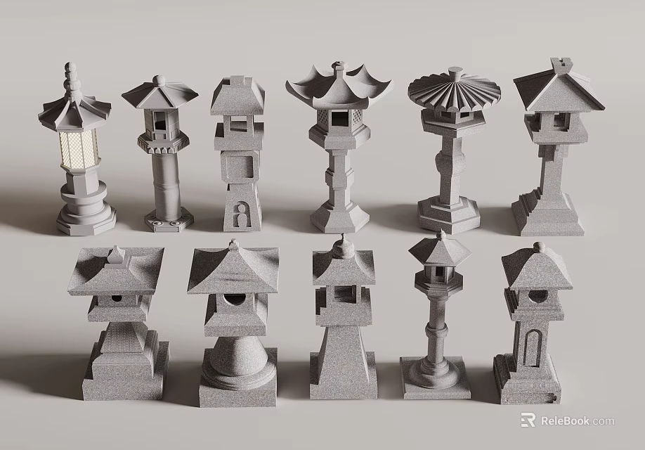 Decorative Outdoor Stone Lanterns with Various Traditional Designs for Garden Pathway Lighting 3d model 