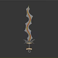 Ornate Curved Sword With Colorful Decorations And Metallic Base Stand