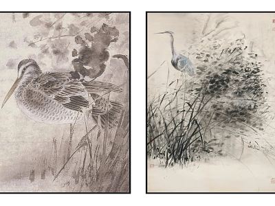 New Chinese animal painting gray Zen bird pattern hanging picture combination model