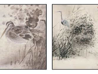 New Chinese animal painting gray Zen bird pattern hanging picture combination 3d model