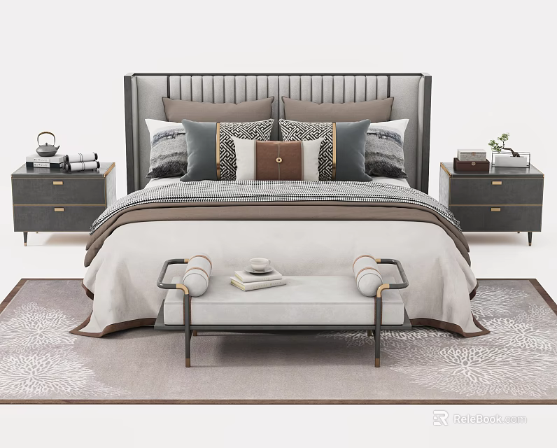 Modern Double Bed With Striped Headboard Multiple Pillows Nightstands And Bench 3d model