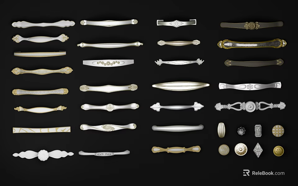 Collection Of Decorative Metal Furniture Cabinet Handles With Various Designs On Black Background 3d model 