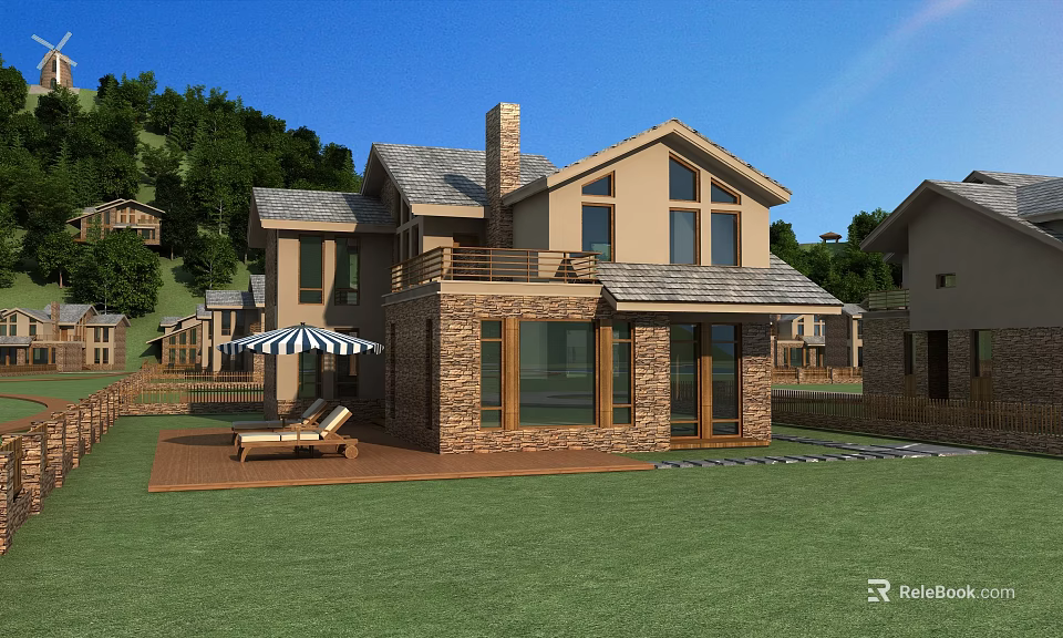 Detached Villa With Brick Exterior Large Windows And Lawn Patio With Lounge Chairs 3d model 
