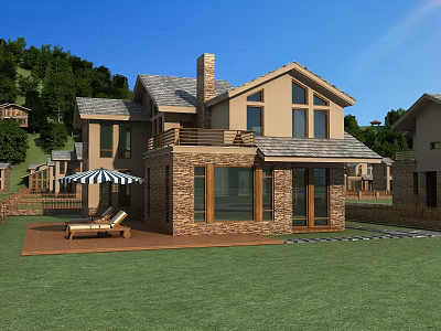Detached Villa With Brick Exterior Large Windows And Lawn Patio With Lounge Chairs 3d model