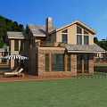 Detached Villa With Brick Exterior Large Windows And Lawn Patio With Lounge Chairs