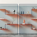 Modern Glass Bookcase With Black Frame Orange Shelves And Decorative Items