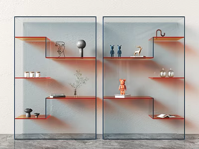 Modern Glass Bookcase With Black Frame Orange Shelves And Decorative Items 3d model
