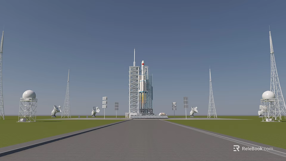 Rocket Launch Site With Tall Tower Rocket And Radar Antennas On Open Field 3d model 