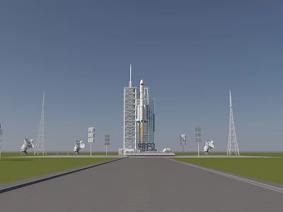 Rocket Launch Site With Tall Tower Rocket And Radar Antennas On Open Field 3d model