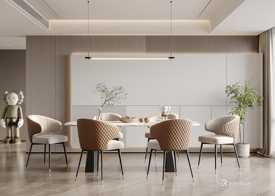 Elegant Modern Restaurant Interior With Round Dining Table Chairs Pendant Lights And Plants 3d model 