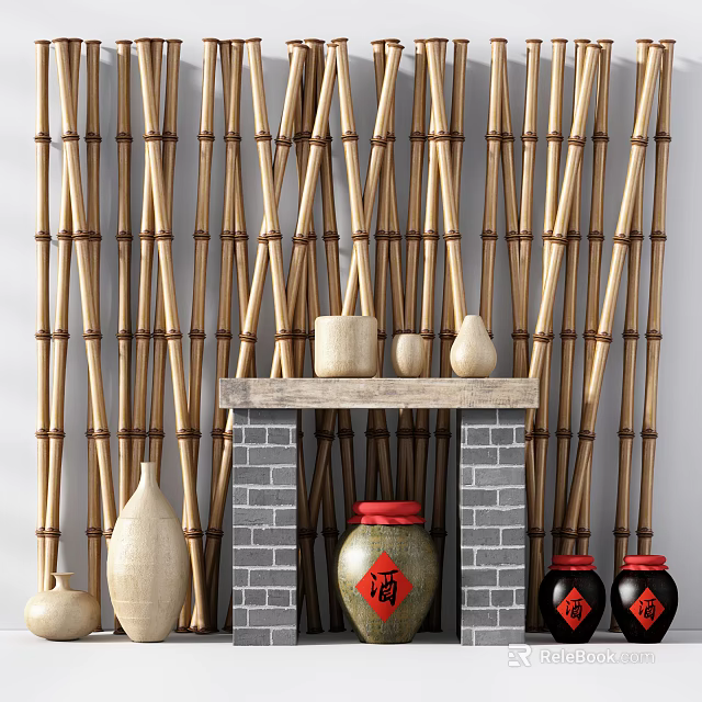 Garden Decor With Bamboo Backdrop Brick Platform Clay Pots And Red Lidded Jars 3d model