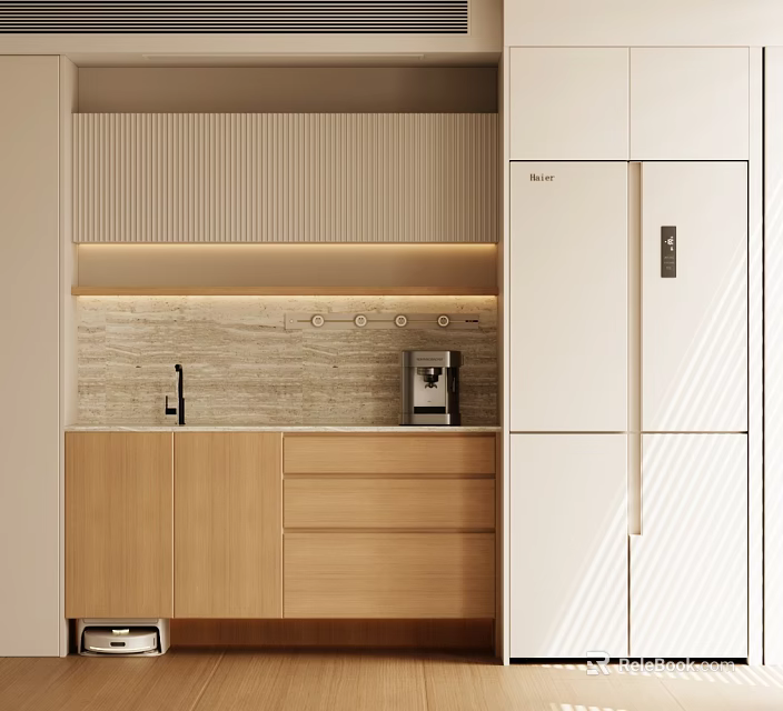 Modern Kitchen Sideboard With Light Wood Cabinets Stone Countertop And LED Strip Lighting 3d model 