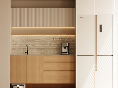 Modern Kitchen Sideboard With Light Wood Cabinets Stone Countertop And LED Strip Lighting 3d model