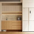 Modern Kitchen Sideboard With Light Wood Cabinets Stone Countertop And LED Strip Lighting
