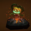 Cartoon Girl Character With Pumpkin Head Creature And Vine Tentacles On Lava Ground With Sparks