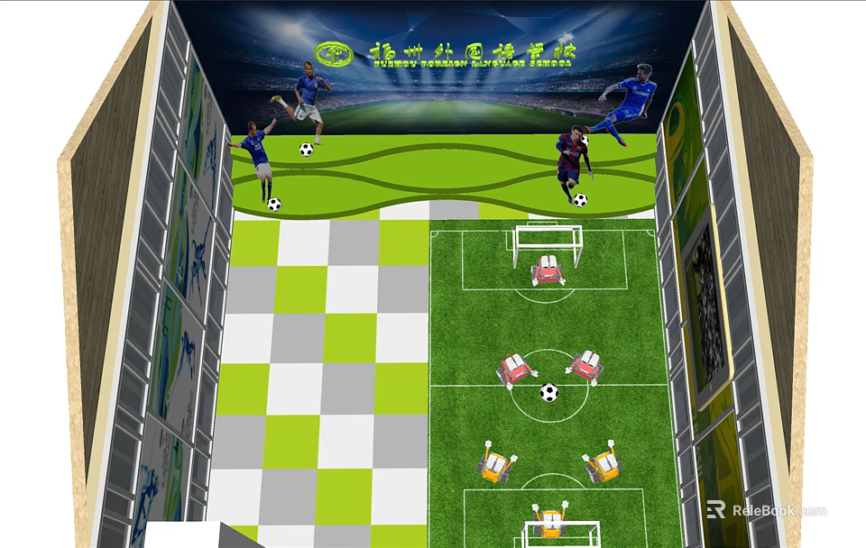 Five a Side Football Field With Green Lawn Goals And Active Players Recreational Scene 3d model 