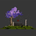 Small Garden Landscape Design With Circular Stone Platform Red Fountain And Purple Flowering Tree