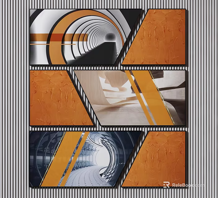 Abstract Geometric Artwork With Orange Black White Patterns And Tunnel Shapes 3d model